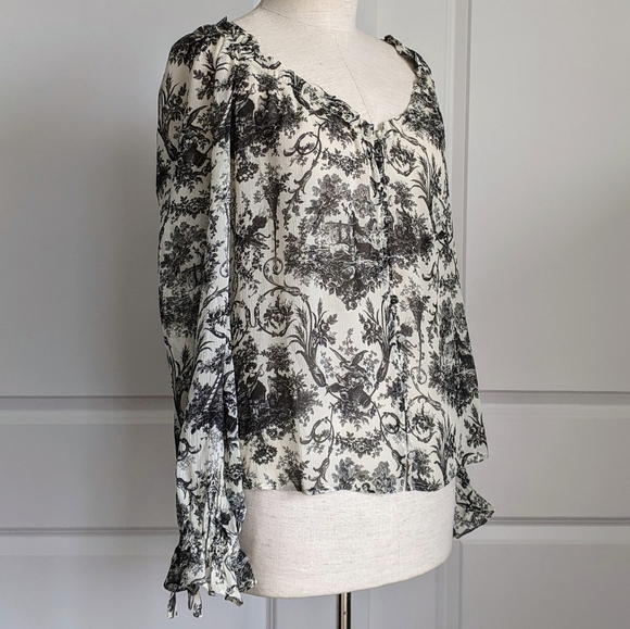 PAIGE Blouse 100% Silk Semi-Sheer Long Sleeves Toile Print Black Parchment S NWT - Picture 3 of 16